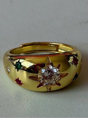 18k Gold Plated Dome Ring with Pink and Green Star CZ Accents.